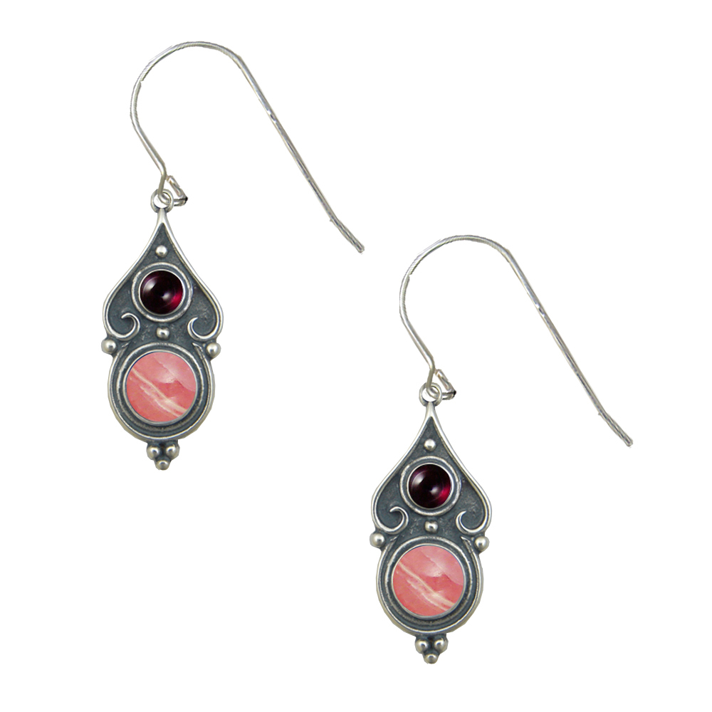 Sterling Silver Designer Post Stud Earrings With Rhodocrosite And Garnet